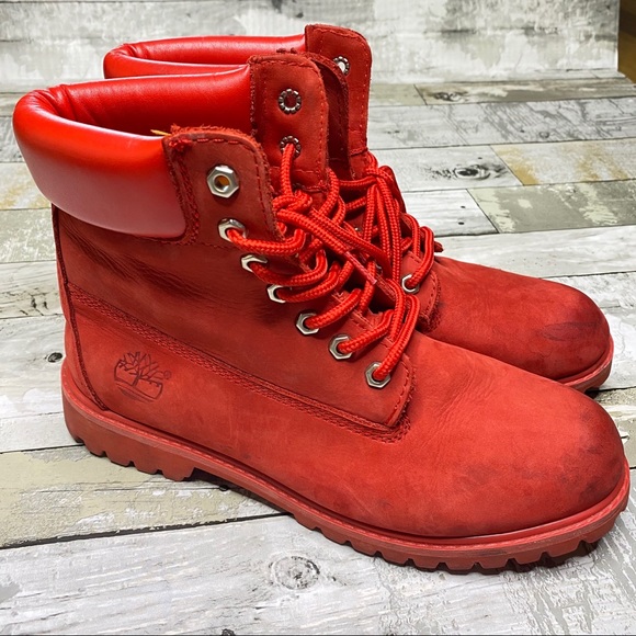 red leather timberlands